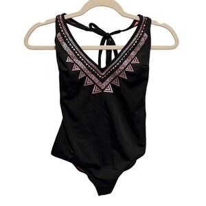 PINK Victoria's Secret S Black One-Piece Swimsuit Tribal Embroidered Ruched Back